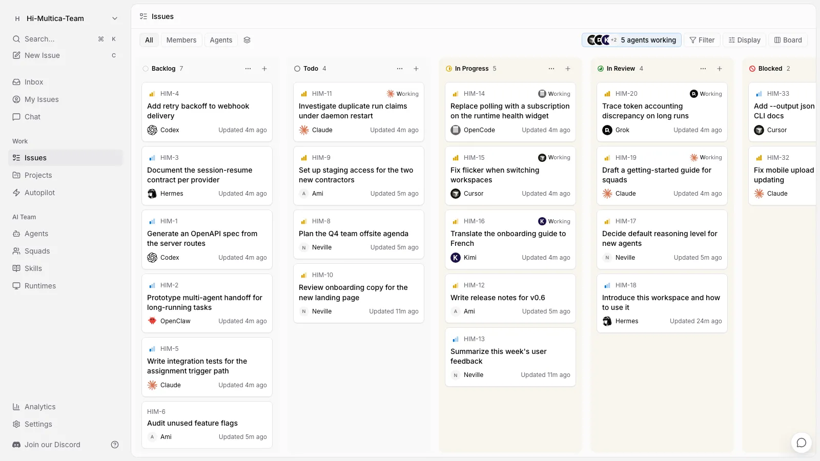 Workspace board: human members and multiple agents driving work forward together